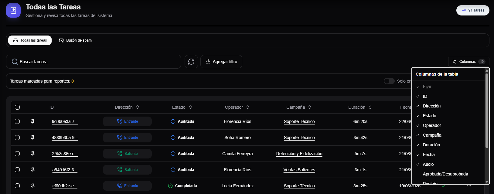menu de personalizacion de columnas en Todas las tareas con columnas seleccionables