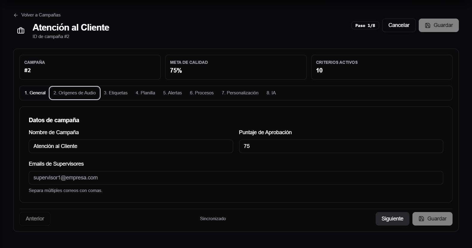Campana abierta con sus pestanas de configuracion