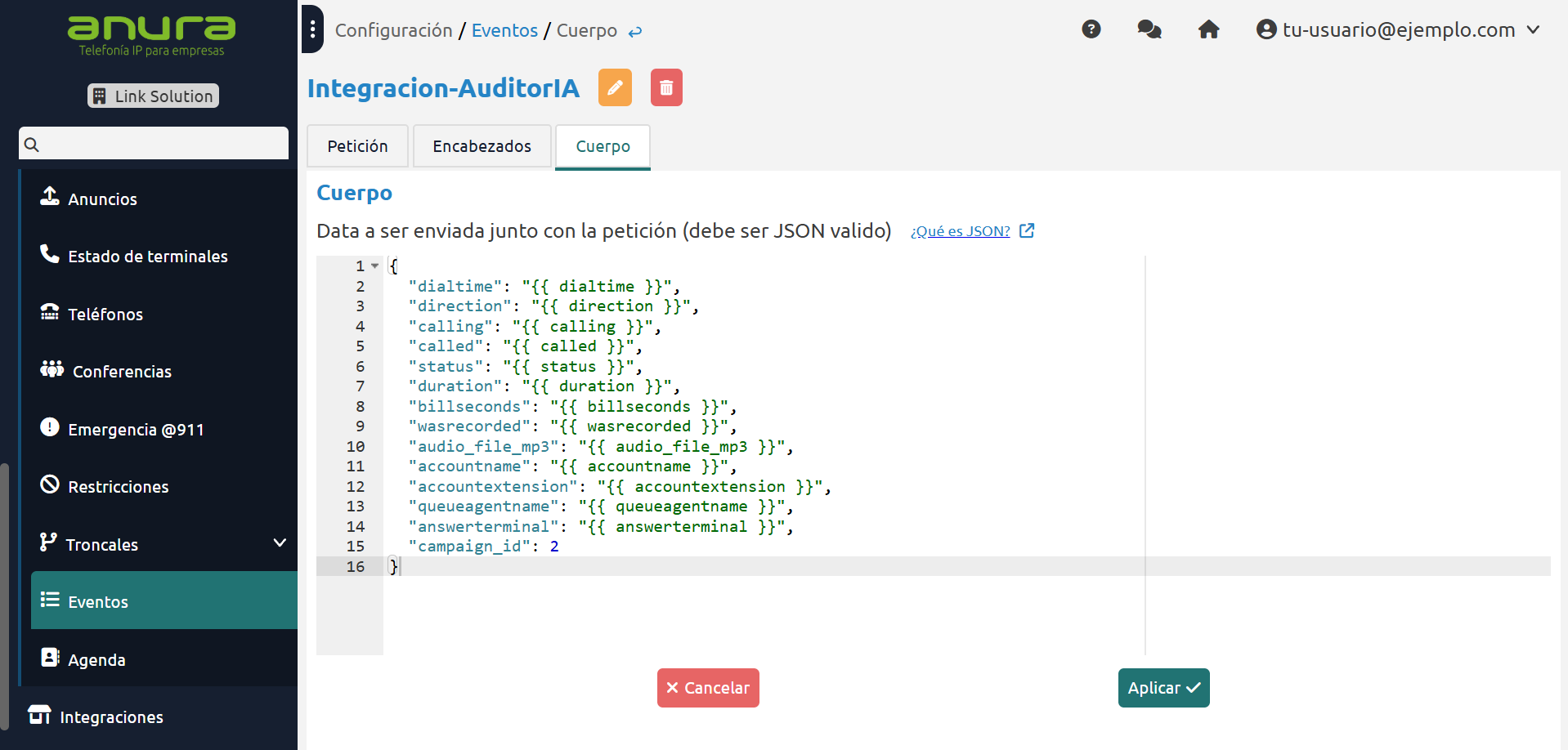 Pestana Cuerpo del evento en Anura con el JSON pegado