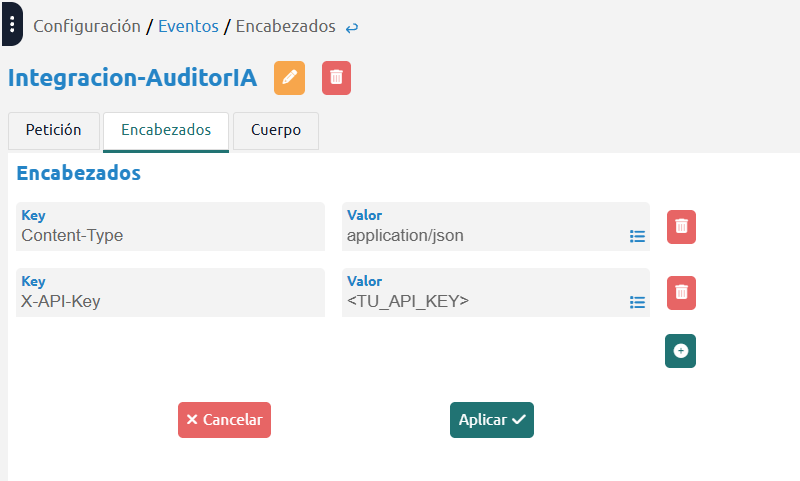 Pestana Encabezados del evento en Anura con X-API-Key y Content-Type