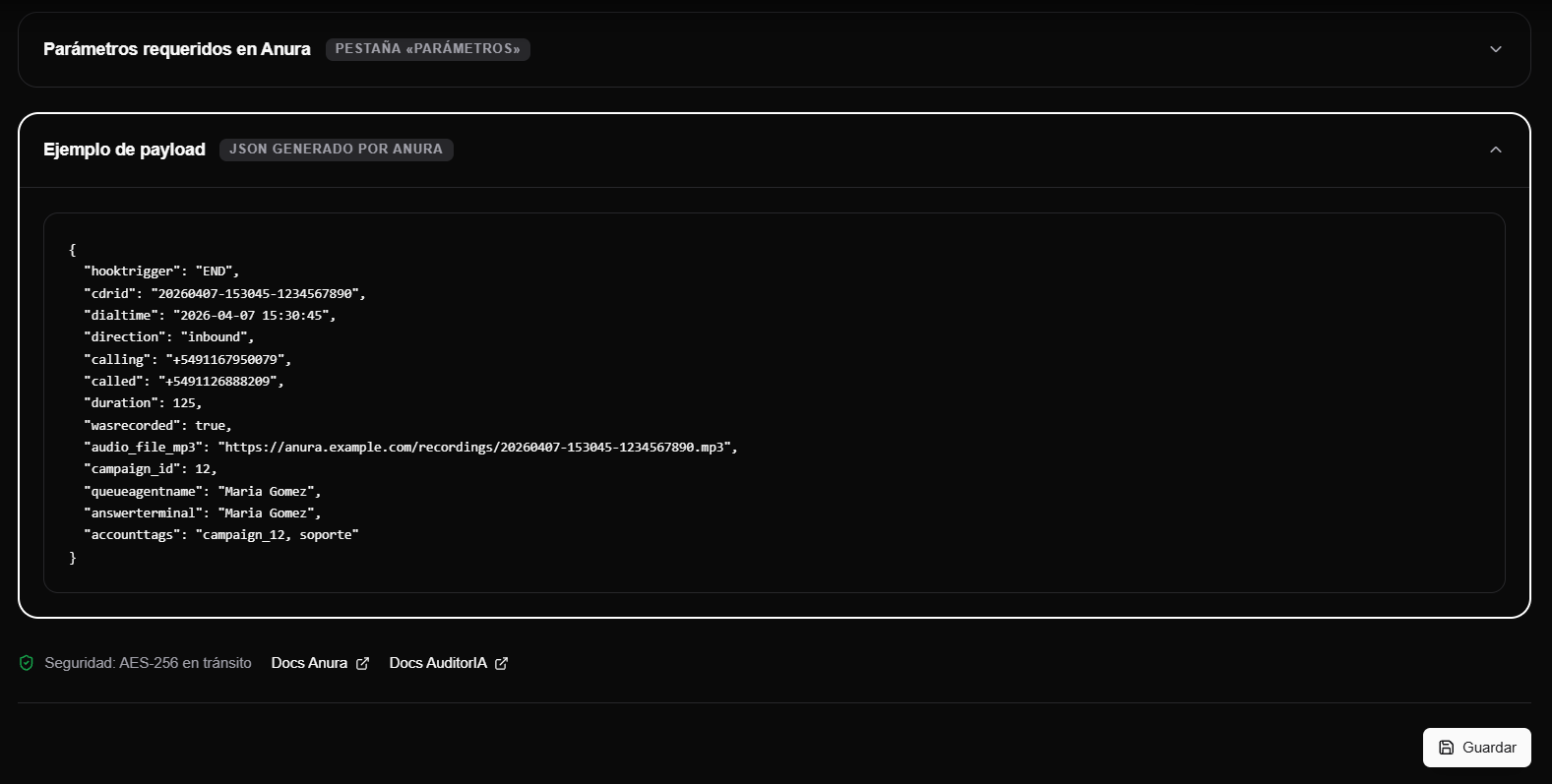 Ejemplo del JSON ya completo que envia Anura