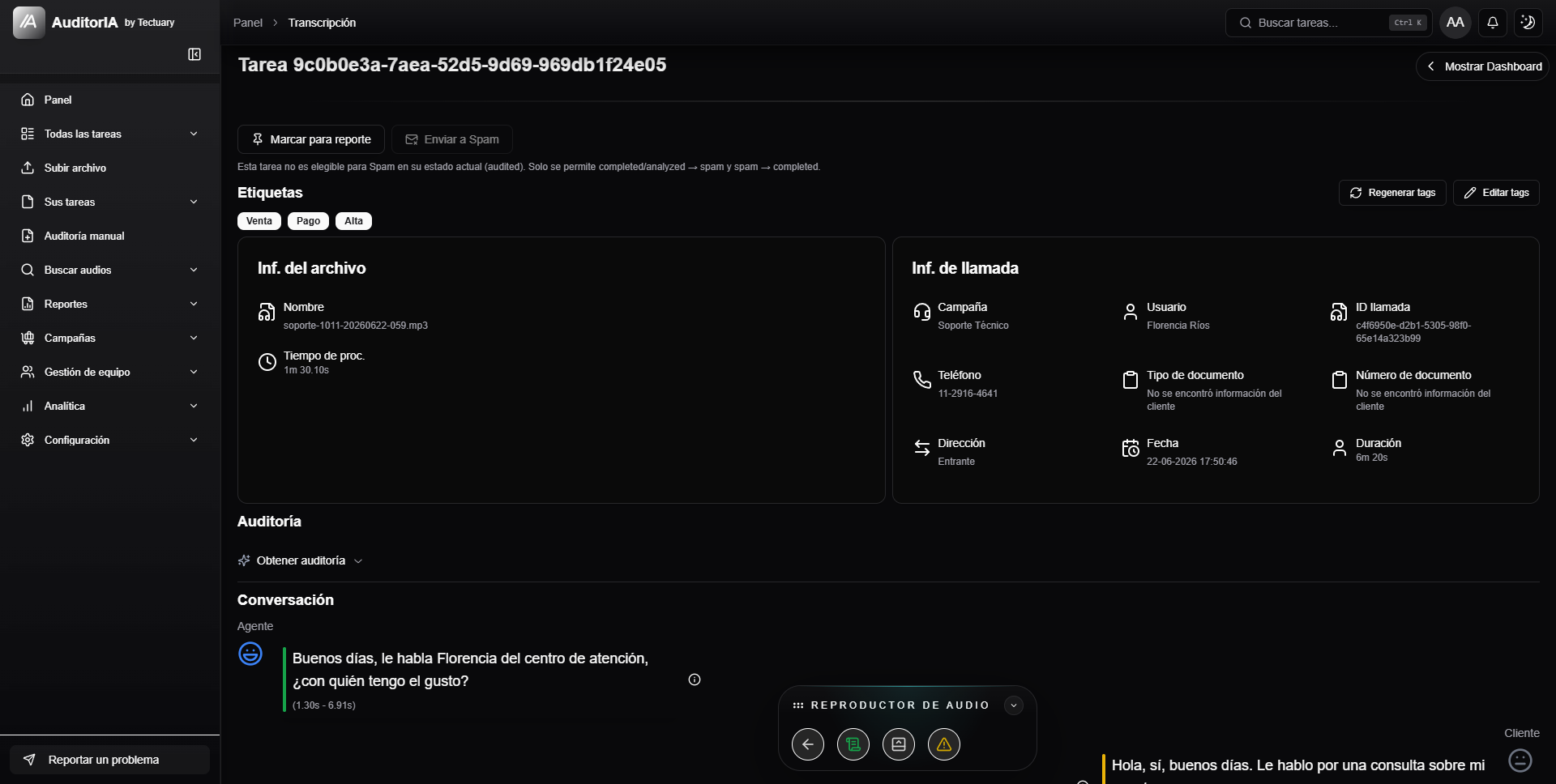 pantalla de detalle de una llamada con informacion del archivo, datos de la llamada, conversacion y bloque de auditoria