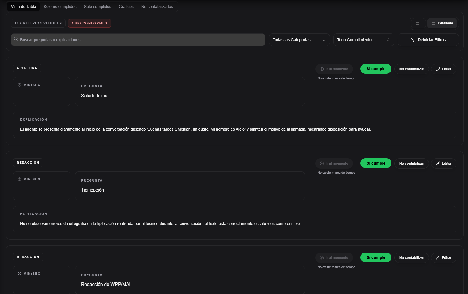 vista detallada de criterios de una auditoría de chat con explicación, cumplimiento y acciones