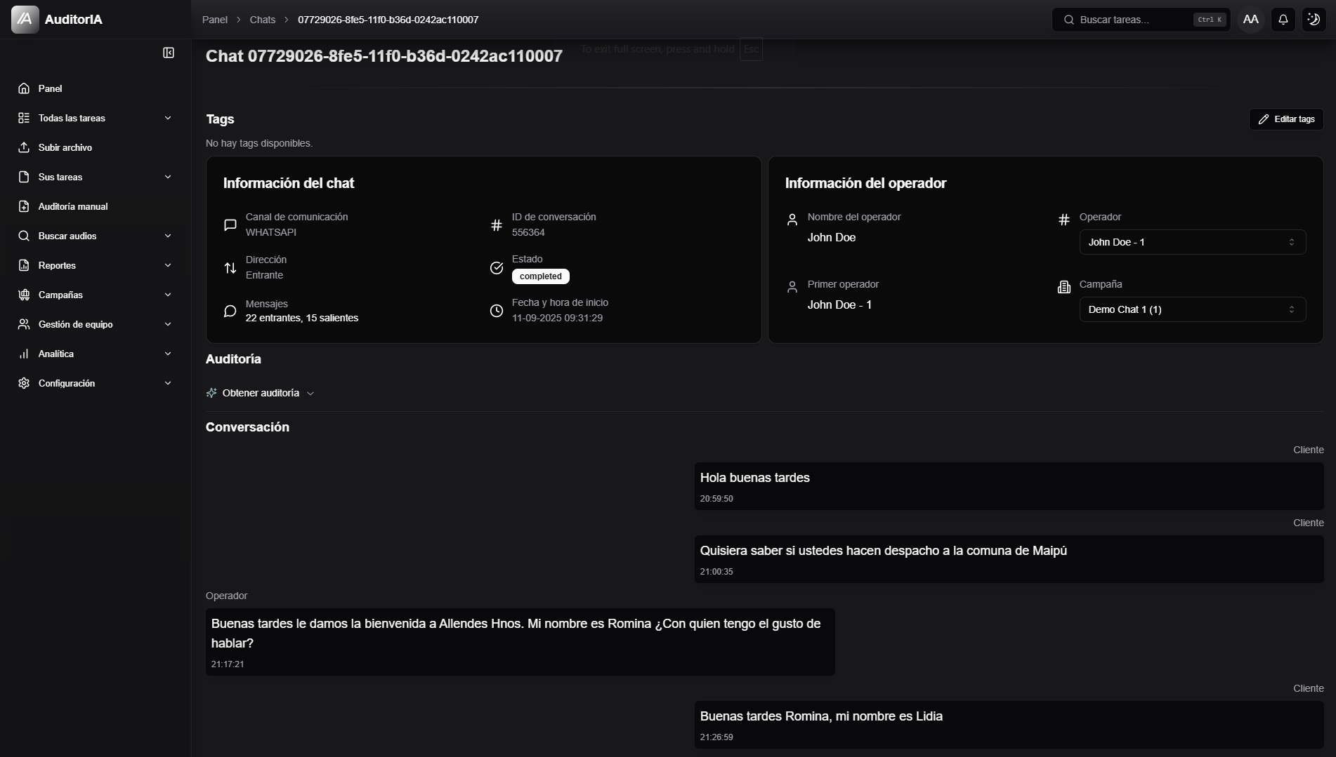 detalle de un chat con tags, información del chat, operador, auditoría y conversación