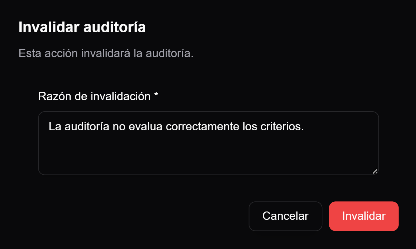 diálogo para invalidar una auditoría de chat con razón obligatoria