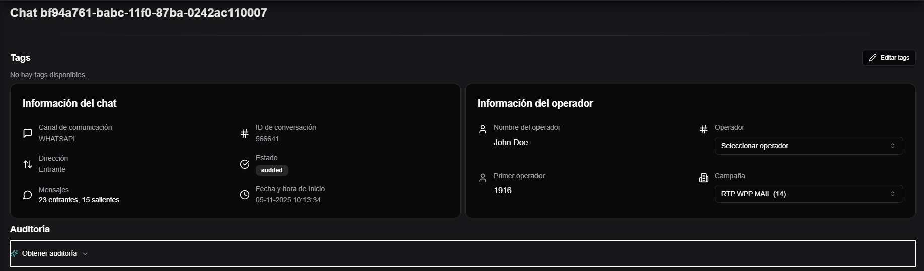 bloque Obtener auditoría dentro del detalle de un chat