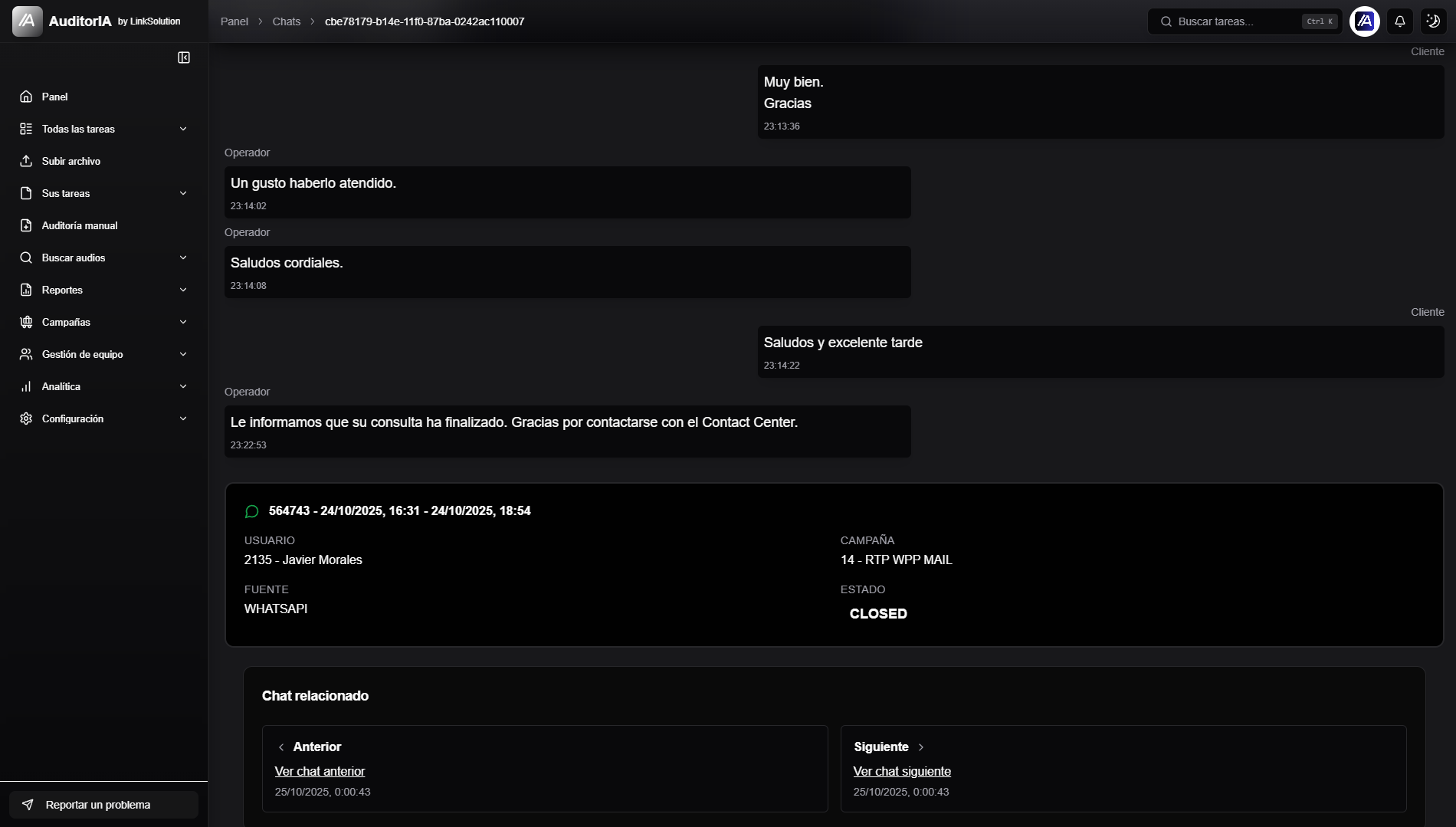 sección Chat relacionado con accesos al chat anterior y siguiente