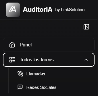 menu lateral con Todas las tareas desplegado y accesos a llamadas y redes sociales