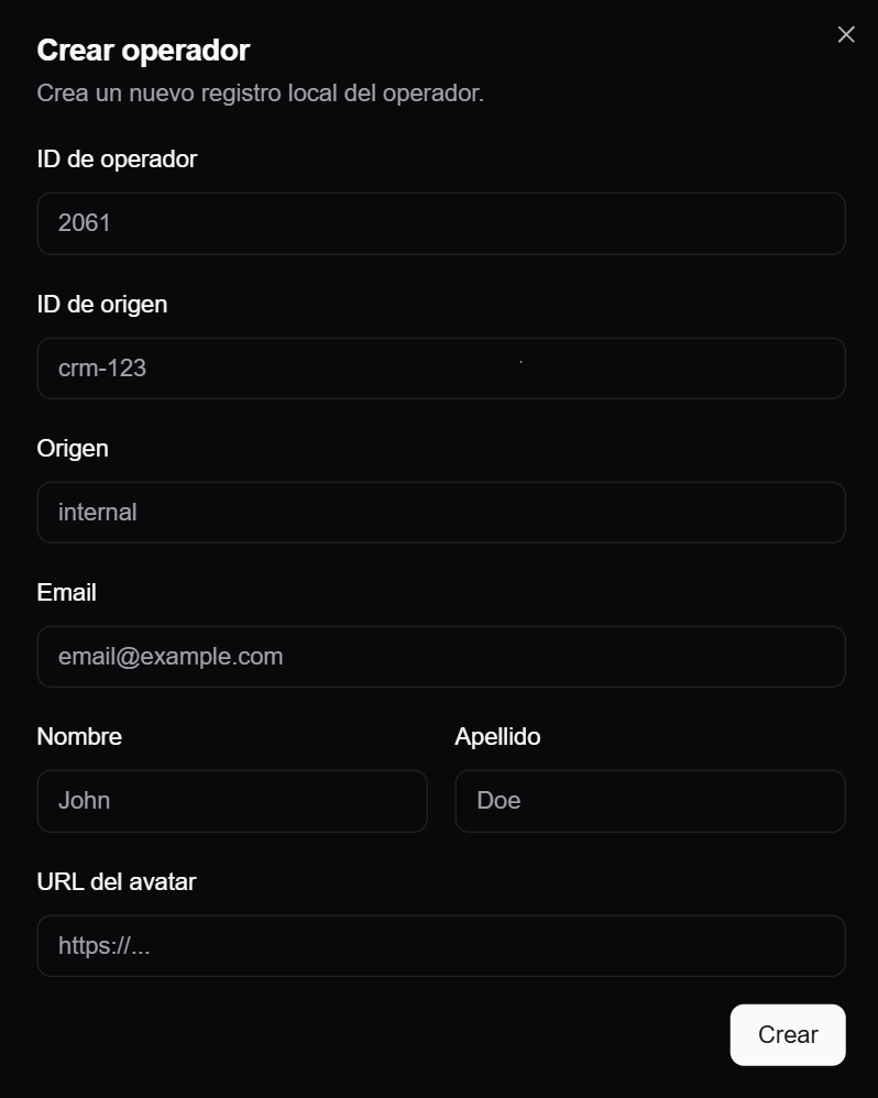 Formulario para crear operador local con ID, ID de origen, origen, email, nombre, apellido y avatar