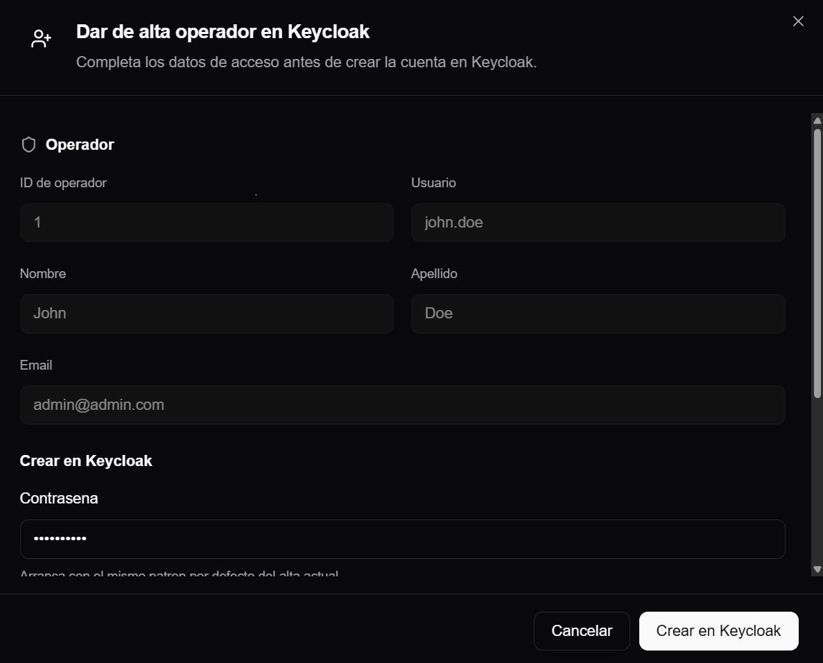 Inicio del alta en Keycloak desde un operador local, con datos base del operador y usuario sugerido