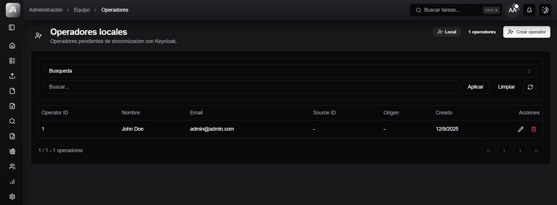 Pantalla de operadores locales con encabezado, filtros, tabla y acciones