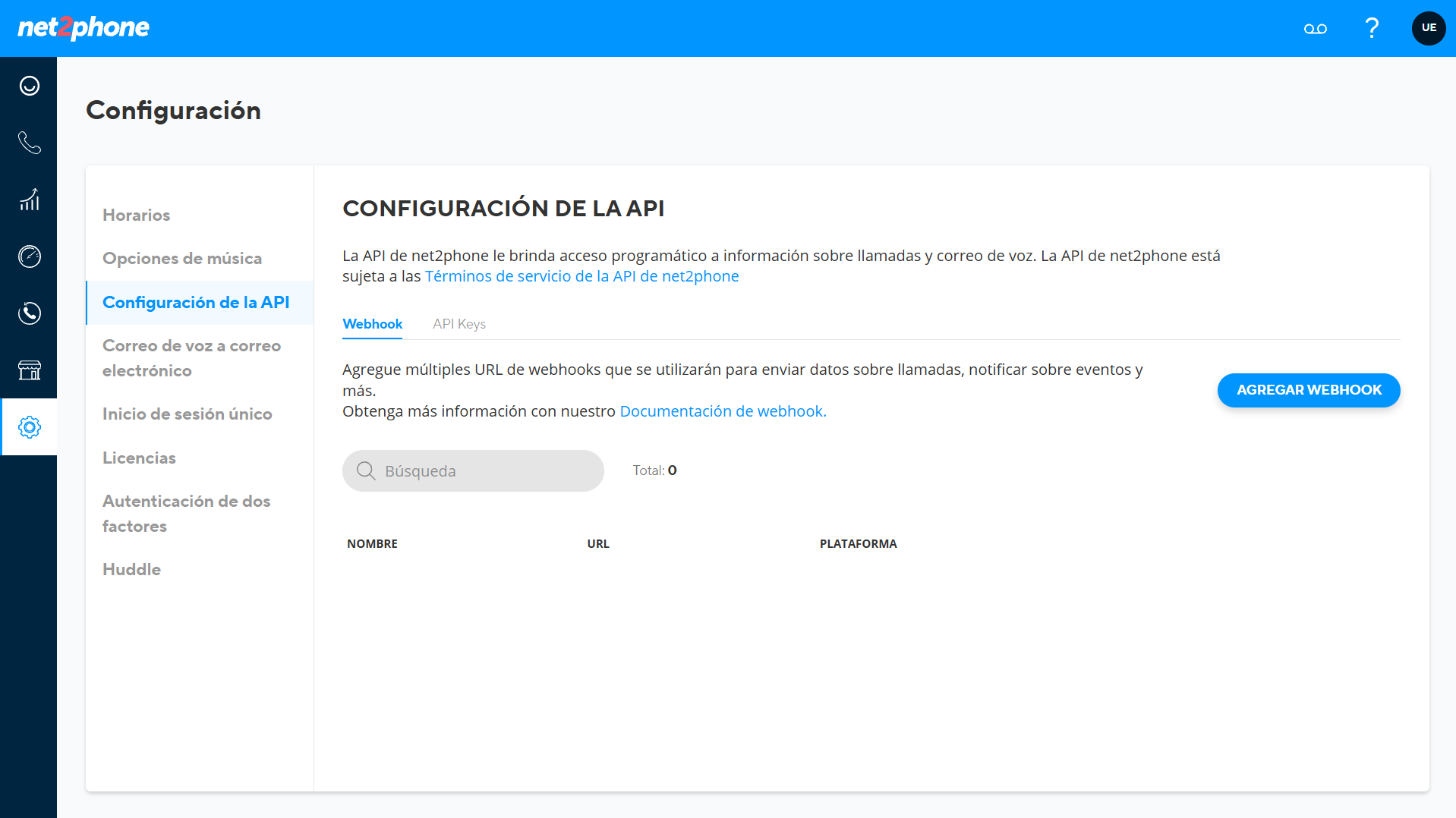 Pestana Webhook en Configuracion de la API de Net2Phone