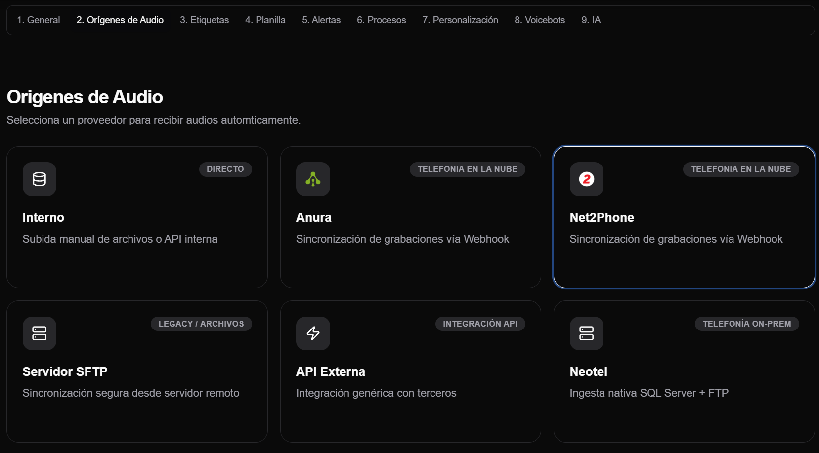 Pestana Origenes de Audio con Net2Phone seleccionado