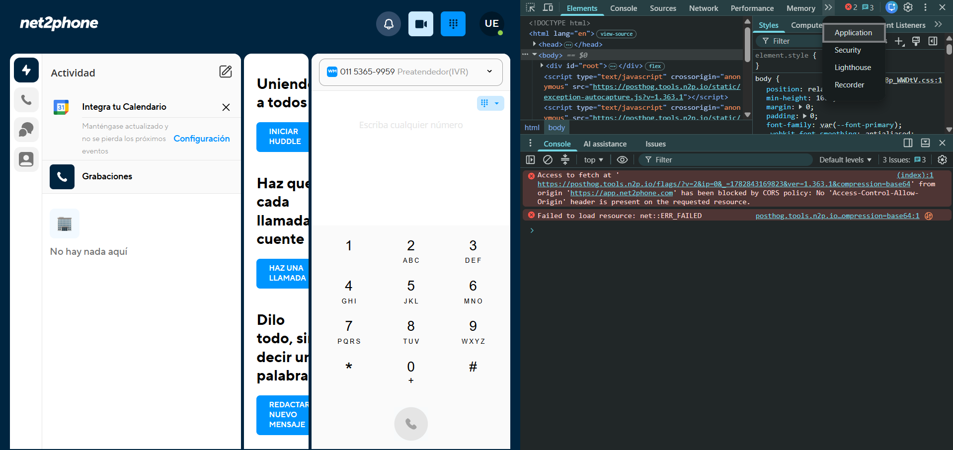 Pestana Application en DevTools