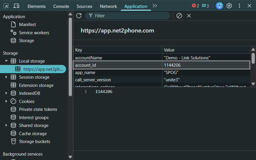 Valor account_id en Local Storage de Net2Phone