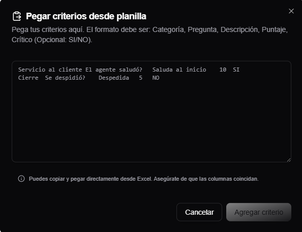 Modal para pegar criterios desde una planilla