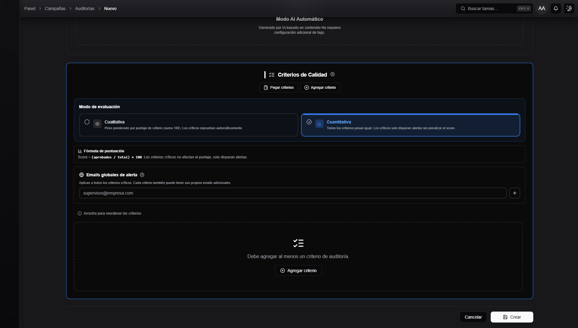 Modo cuantitativo con formula y emails globales de alerta