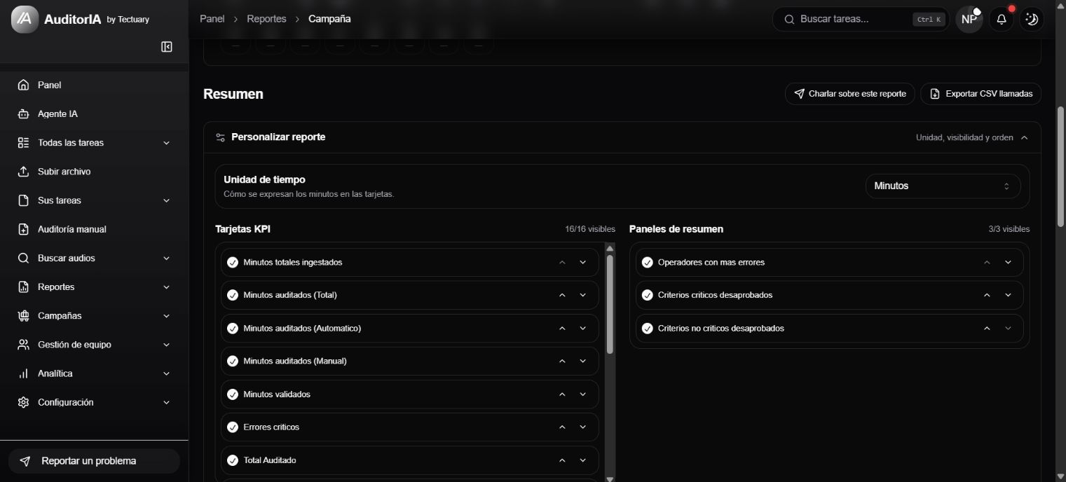 controles para personalizar tarjetas, paneles y unidad del reporte