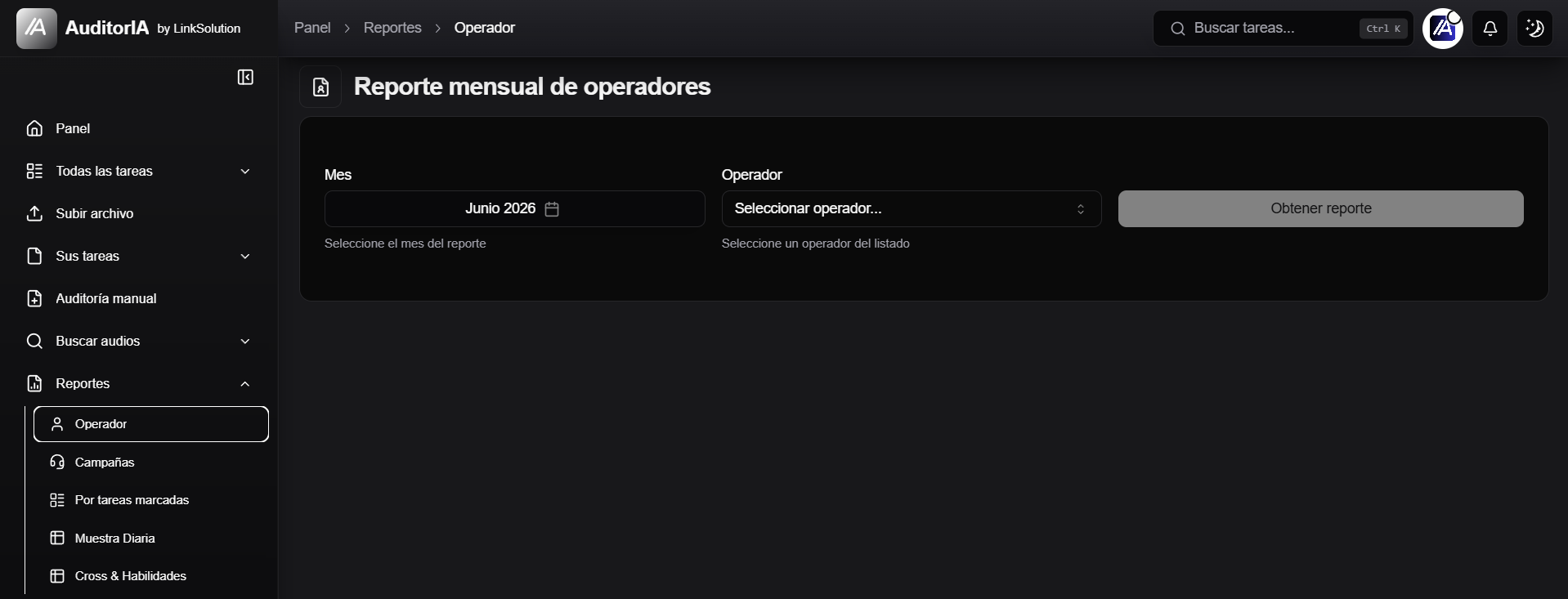 formulario de reporte mensual de operadores con mes, operador y boton Obtener reporte