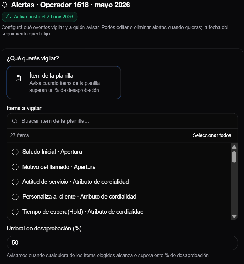 configuracion de alerta por item de la planilla