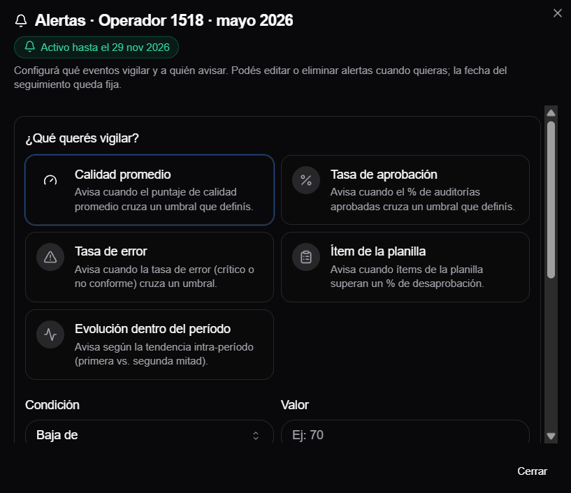 selector de tipos de alerta para un seguimiento