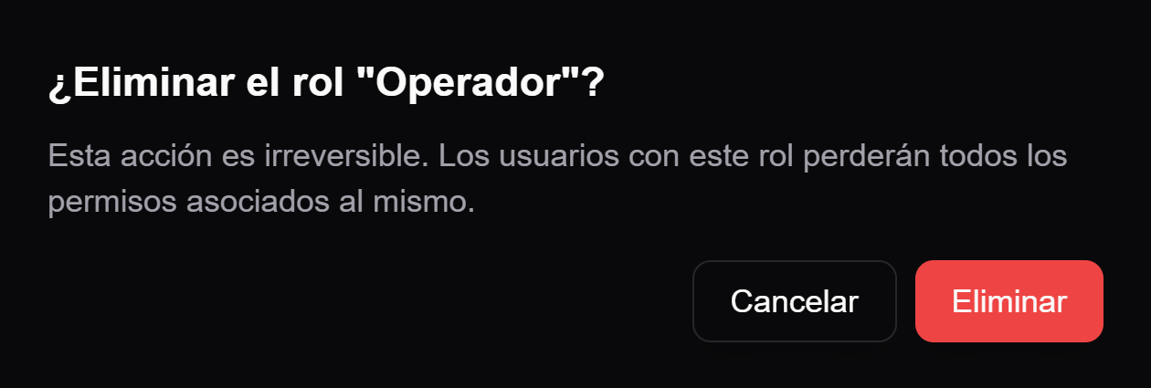 Confirmacion para eliminar un rol y advertencia de perdida de permisos asociados