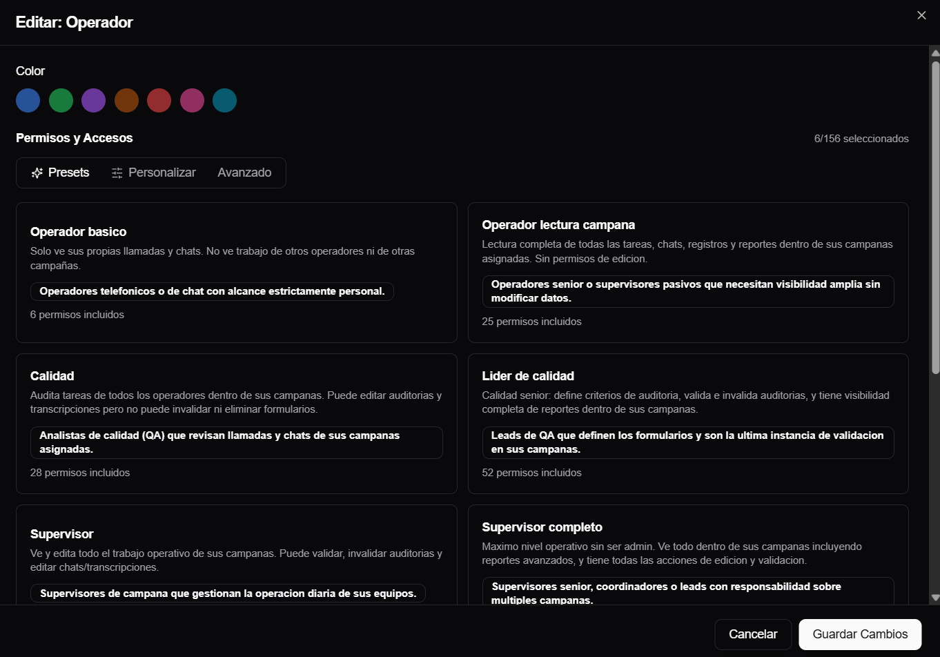 Editor de rol en la pestana Presets con perfiles como Operador basico, Calidad, Supervisor y Solo lectura