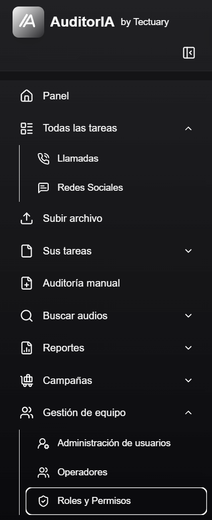 Menu lateral con Gestion de equipo abierto y Roles y Permisos seleccionado