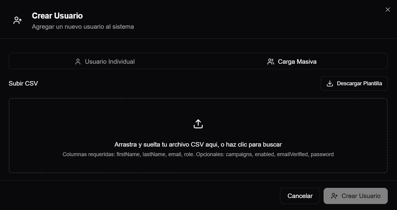 Pantalla de carga masiva de usuarios por CSV con descarga de plantilla