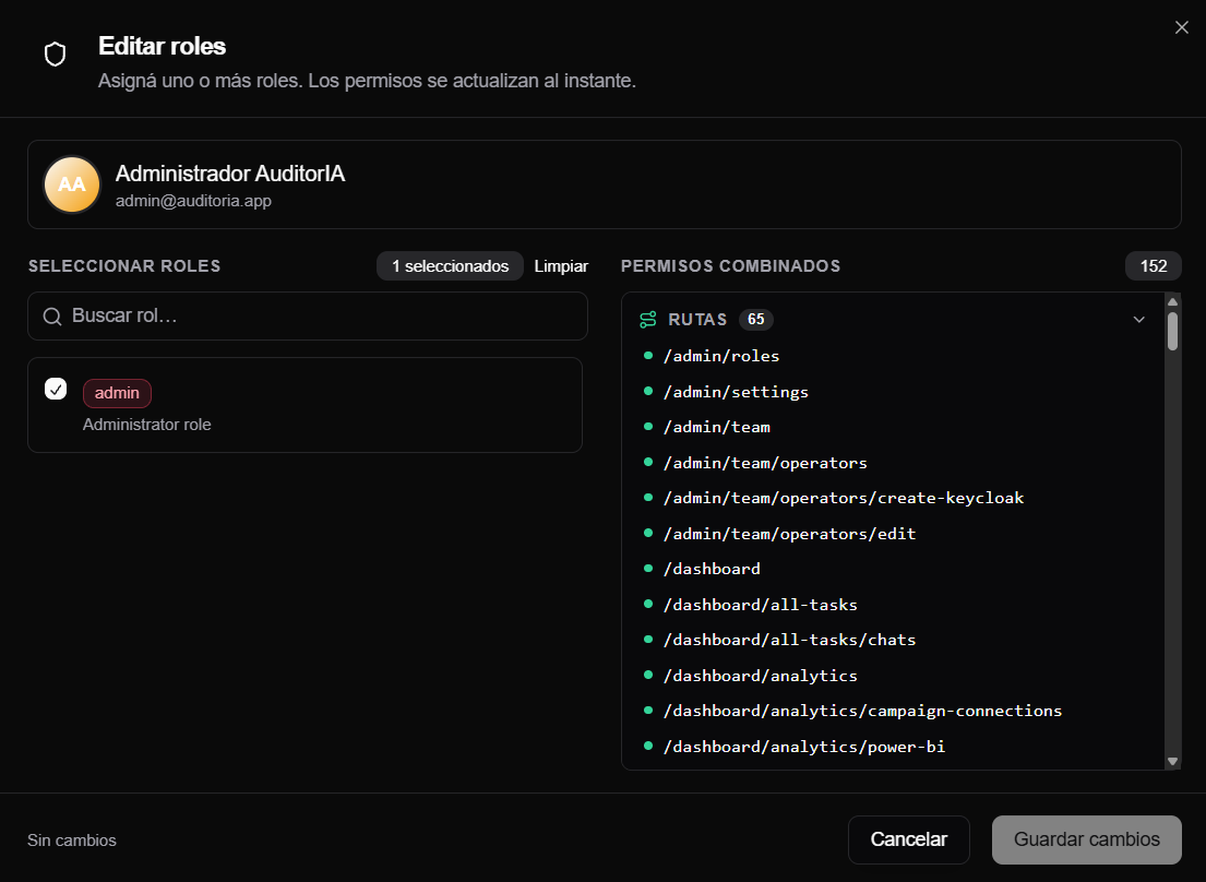Modal de edicion de roles con roles seleccionados y permisos combinados