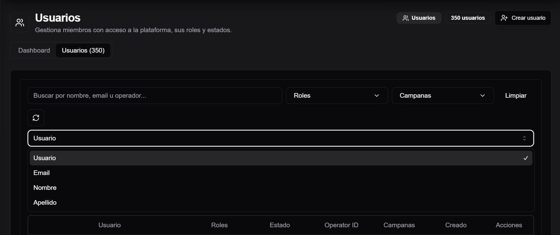 Filtro avanzado de usuarios por campo: usuario, email, nombre o apellido
