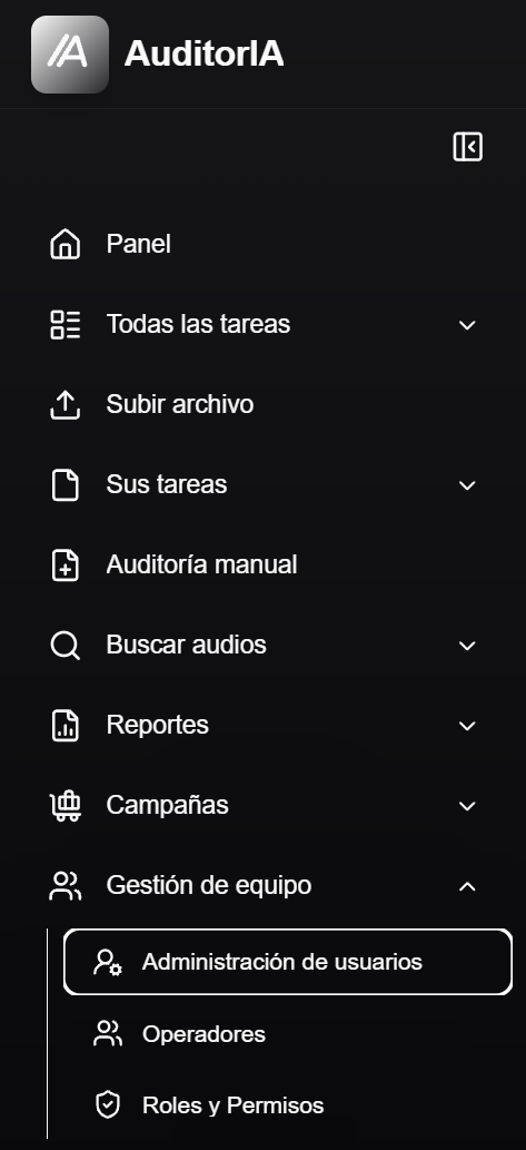Menu lateral con Gestion de equipo abierto y Administracion de usuarios seleccionada