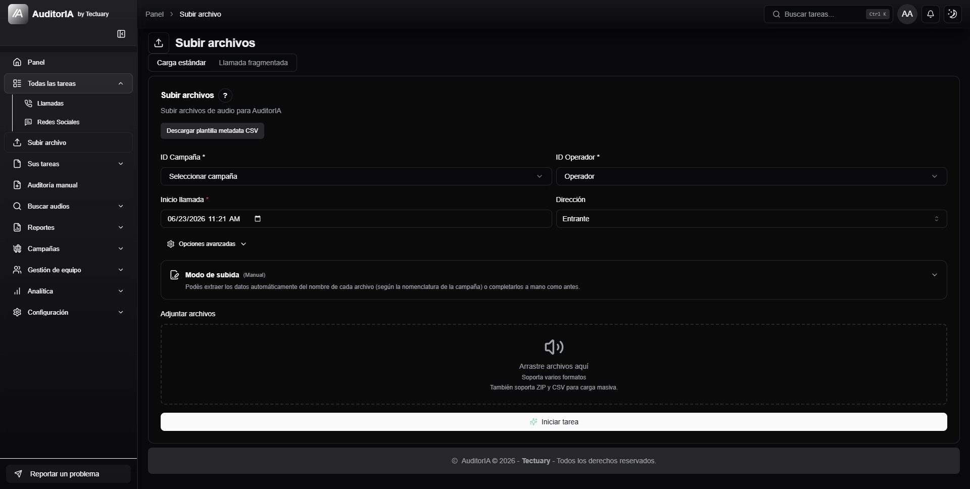 formulario de subida de archivos de audio con campana, operador, inicio de llamada, direccion y zona para adjuntar archivos