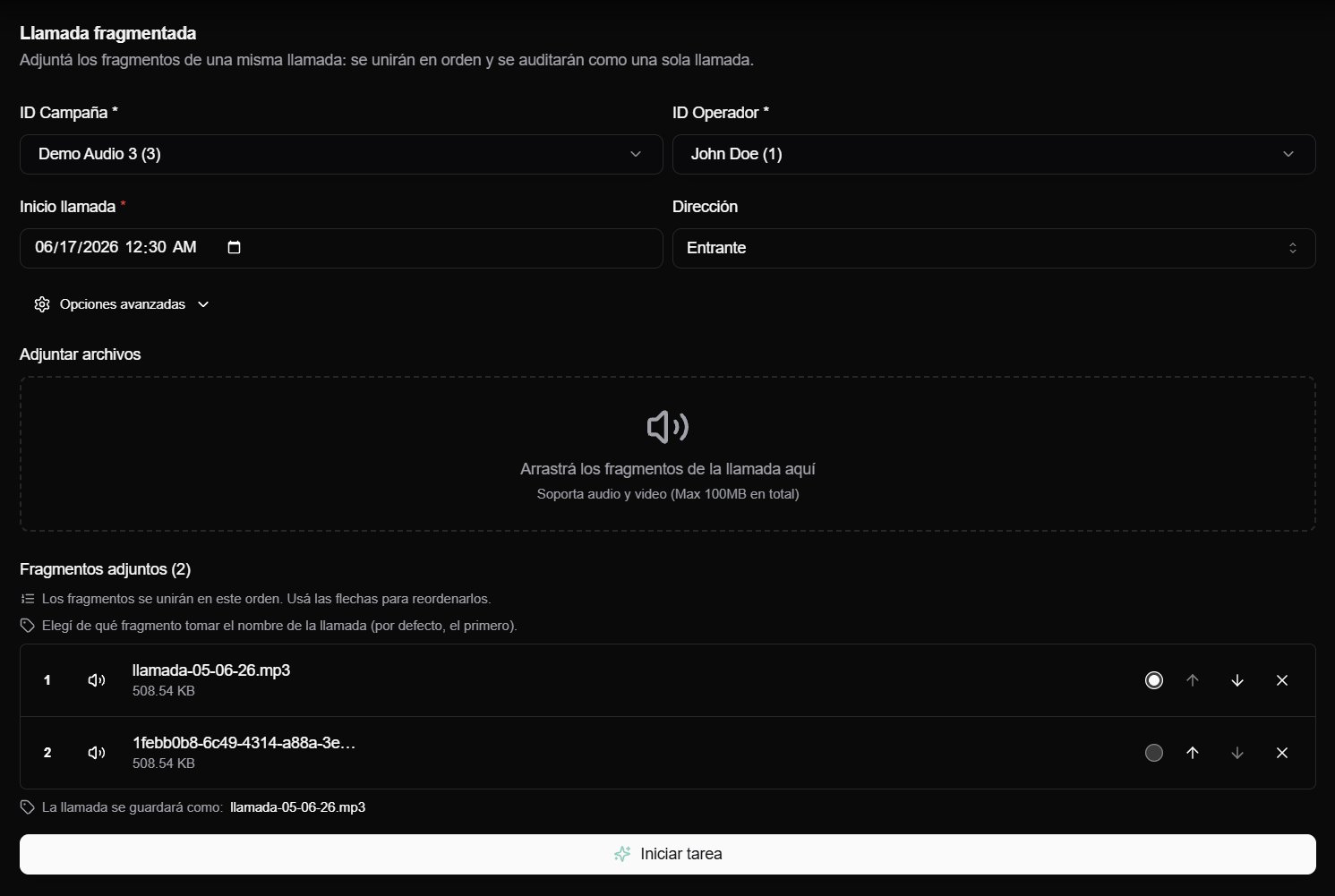 formulario de llamada fragmentada con datos de campana, operador, fragmentos adjuntos, orden y nombre final