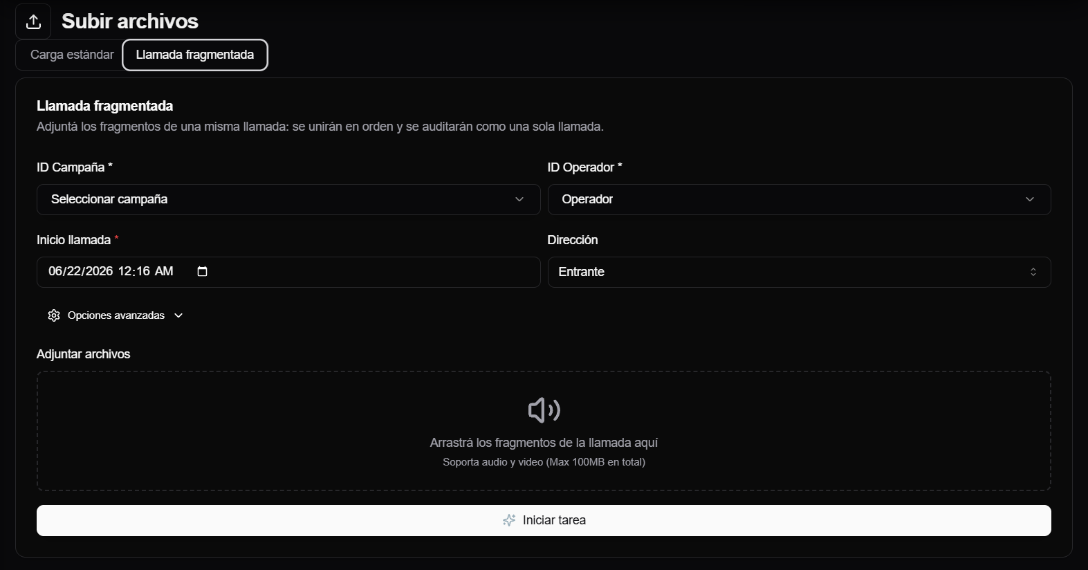 pestana de llamada fragmentada en la pantalla de subida de archivos