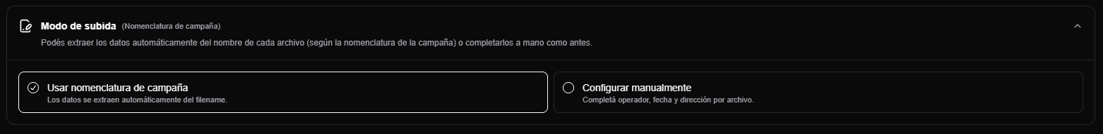 modo de subida con nomenclatura de campana seleccionada