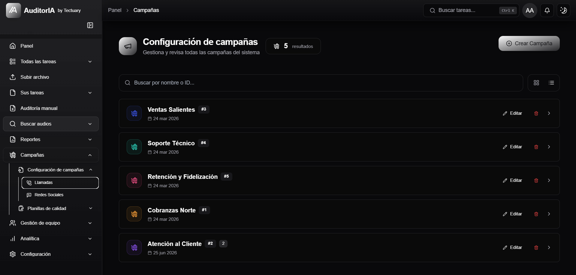 Campaign list in Campaign configuration