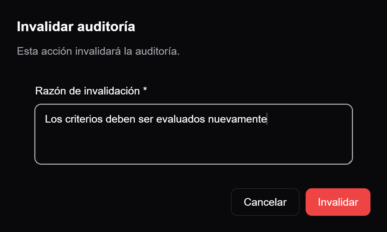 confirmation dialog for invalidating an audit