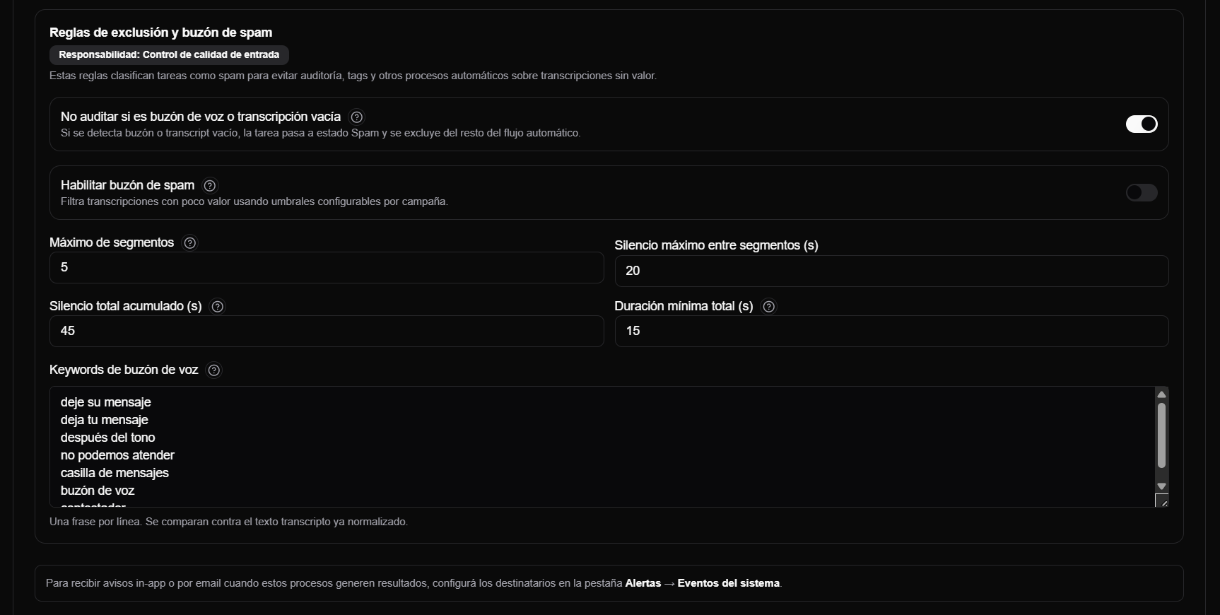 Exclusion and voicemail/spam rules
