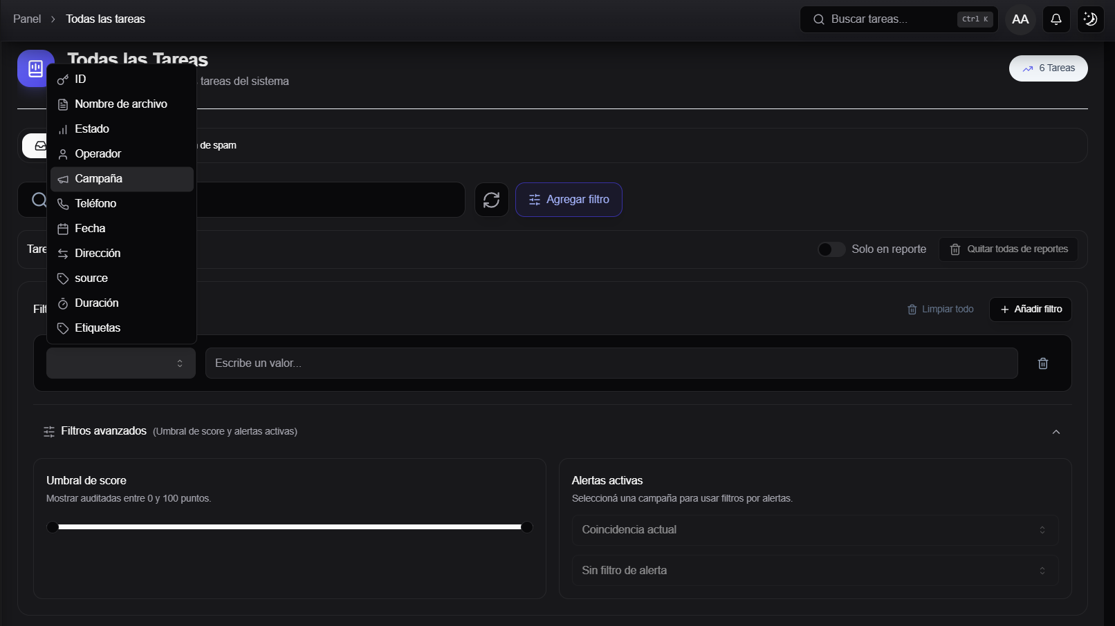 filter panel with campaign, operator, status, and advanced filters