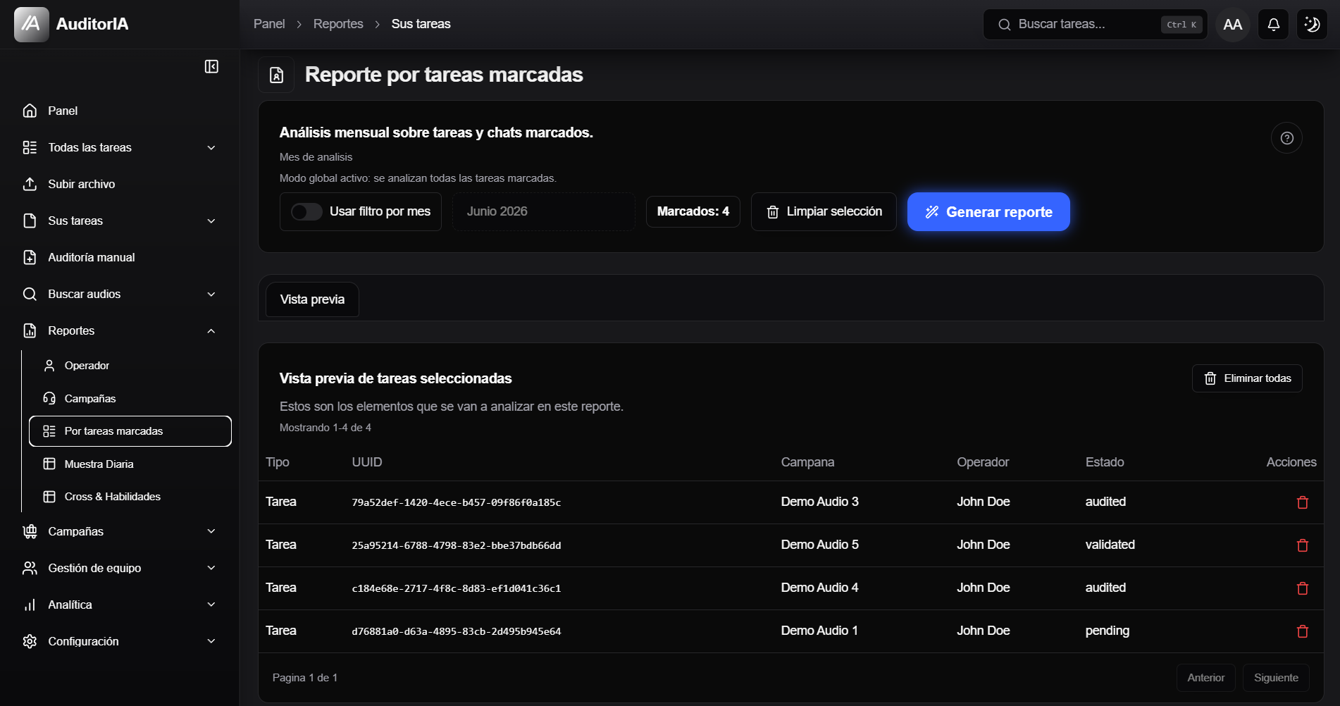 marked tasks report preview with four selected tasks