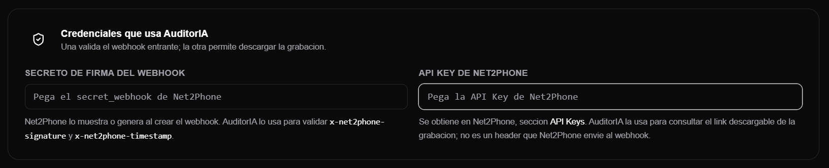 Net2Phone API Key field in AuditorIA