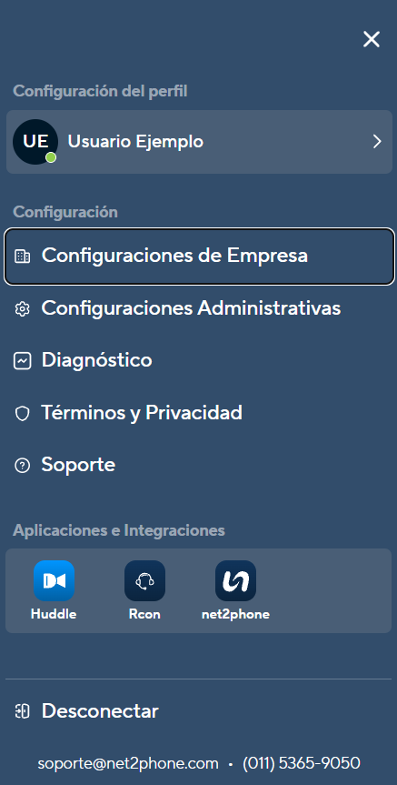 Net2Phone menu with Company Settings