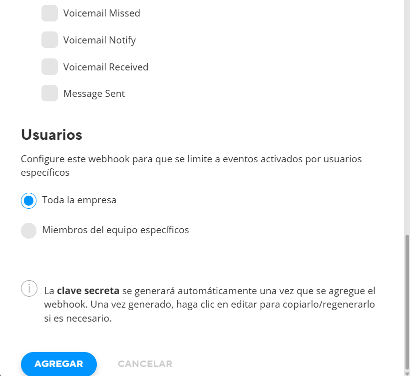 Webhook user scope in Net2Phone