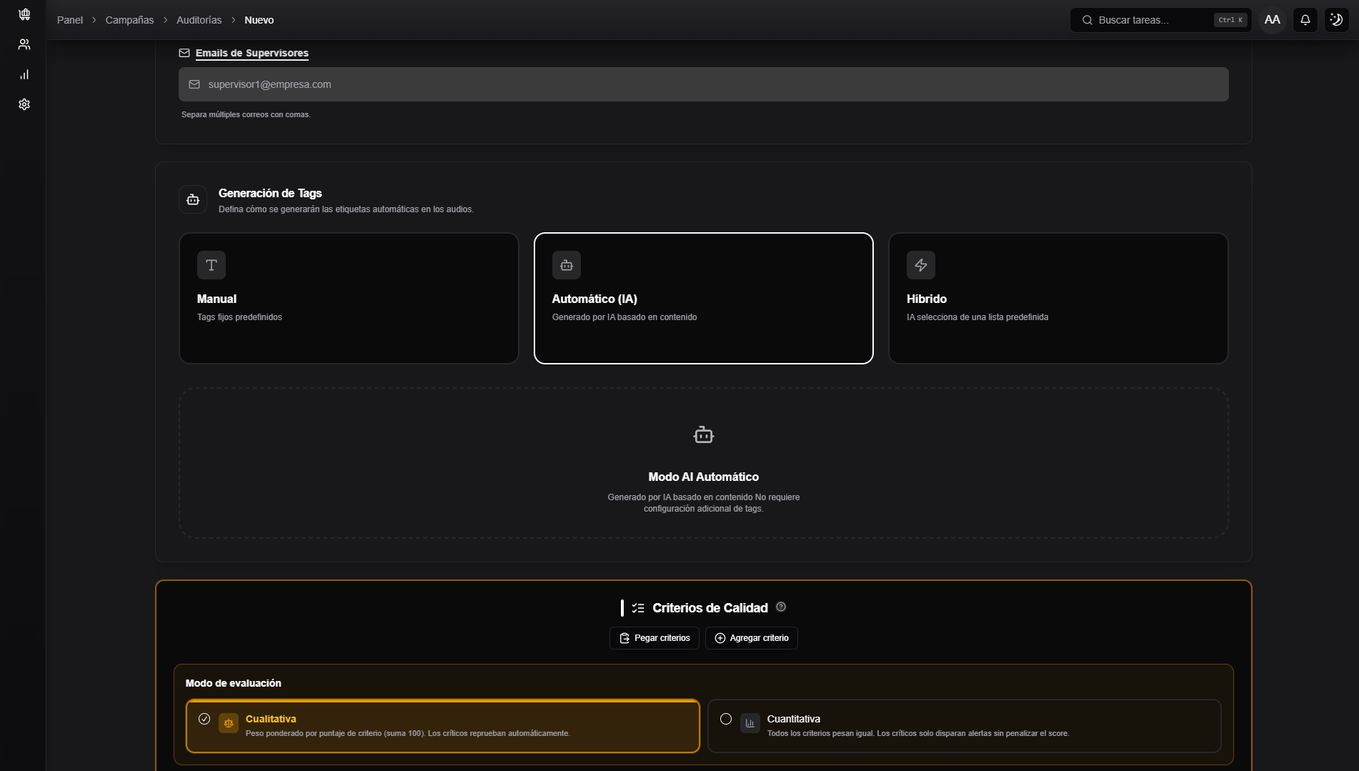 Tag generation and start of quality criteria