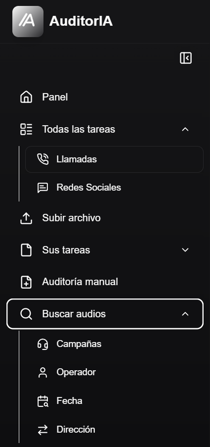 Search audio menu with campaign, operator, date, and direction entries