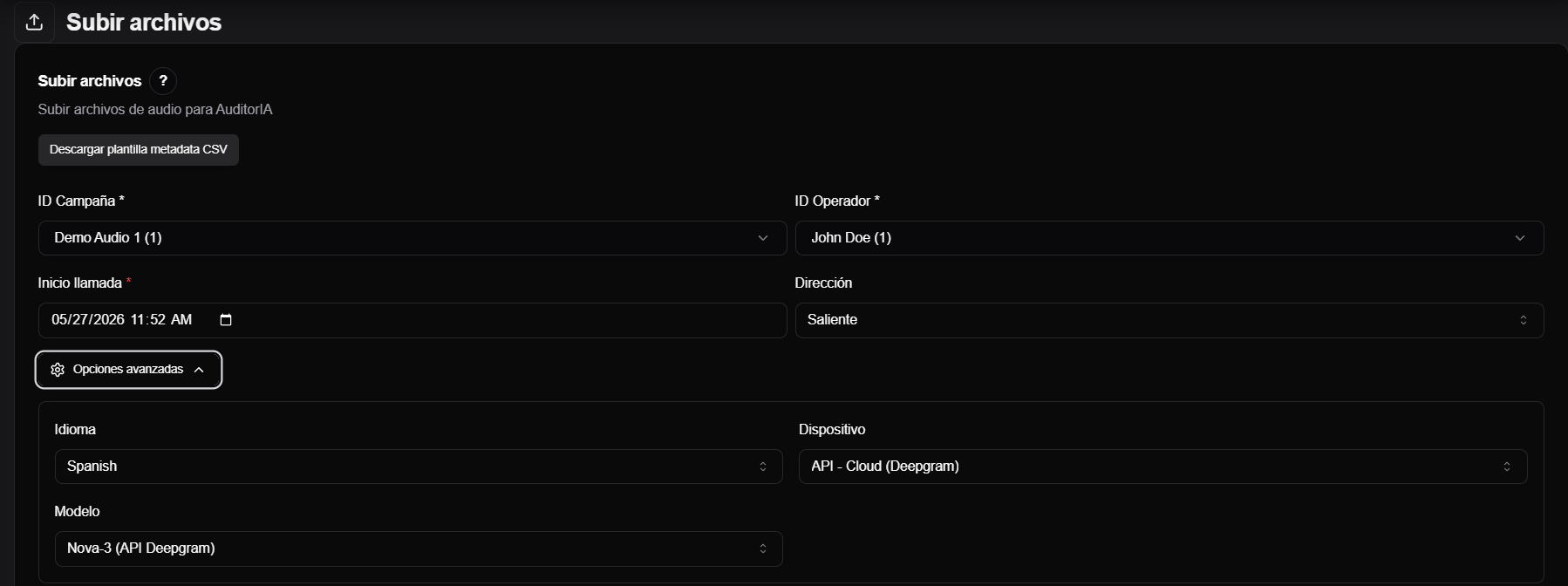 advanced upload options with language, device, and model