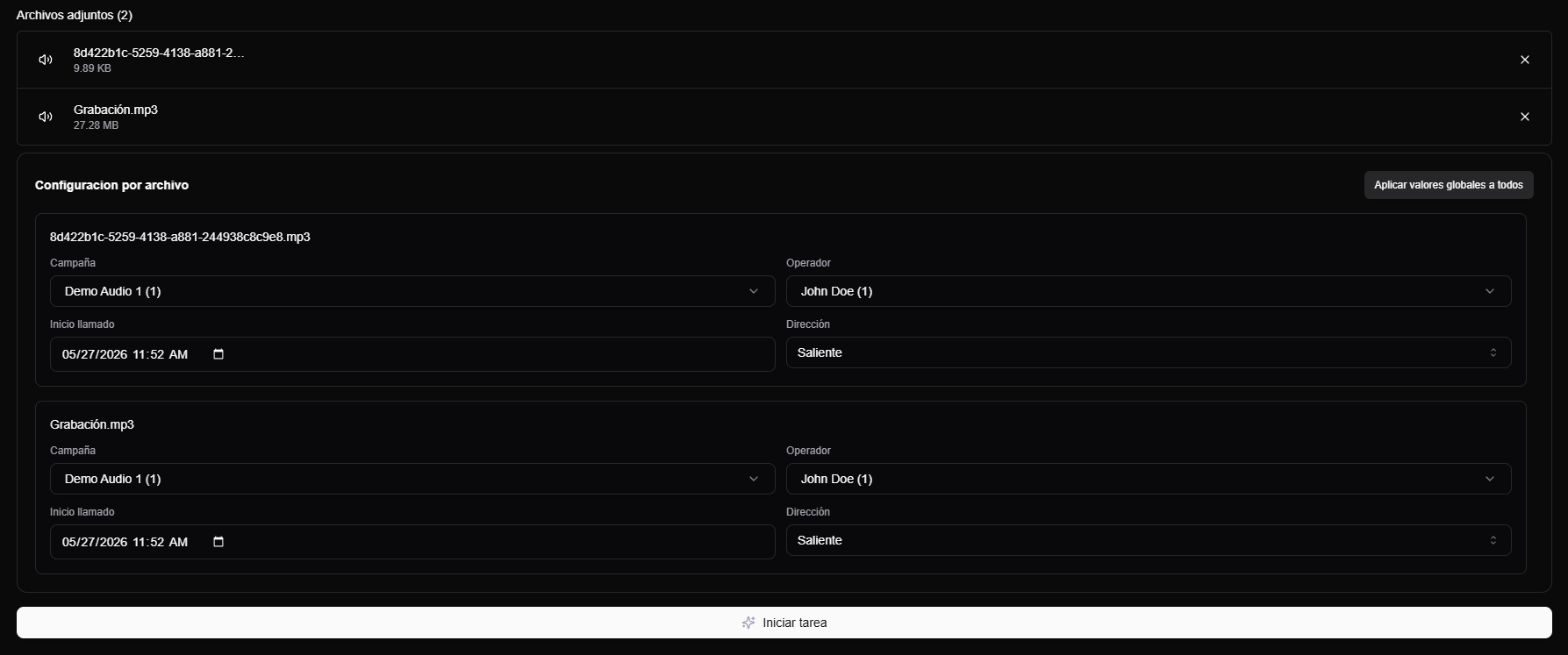 per-file configuration after attaching several audio files