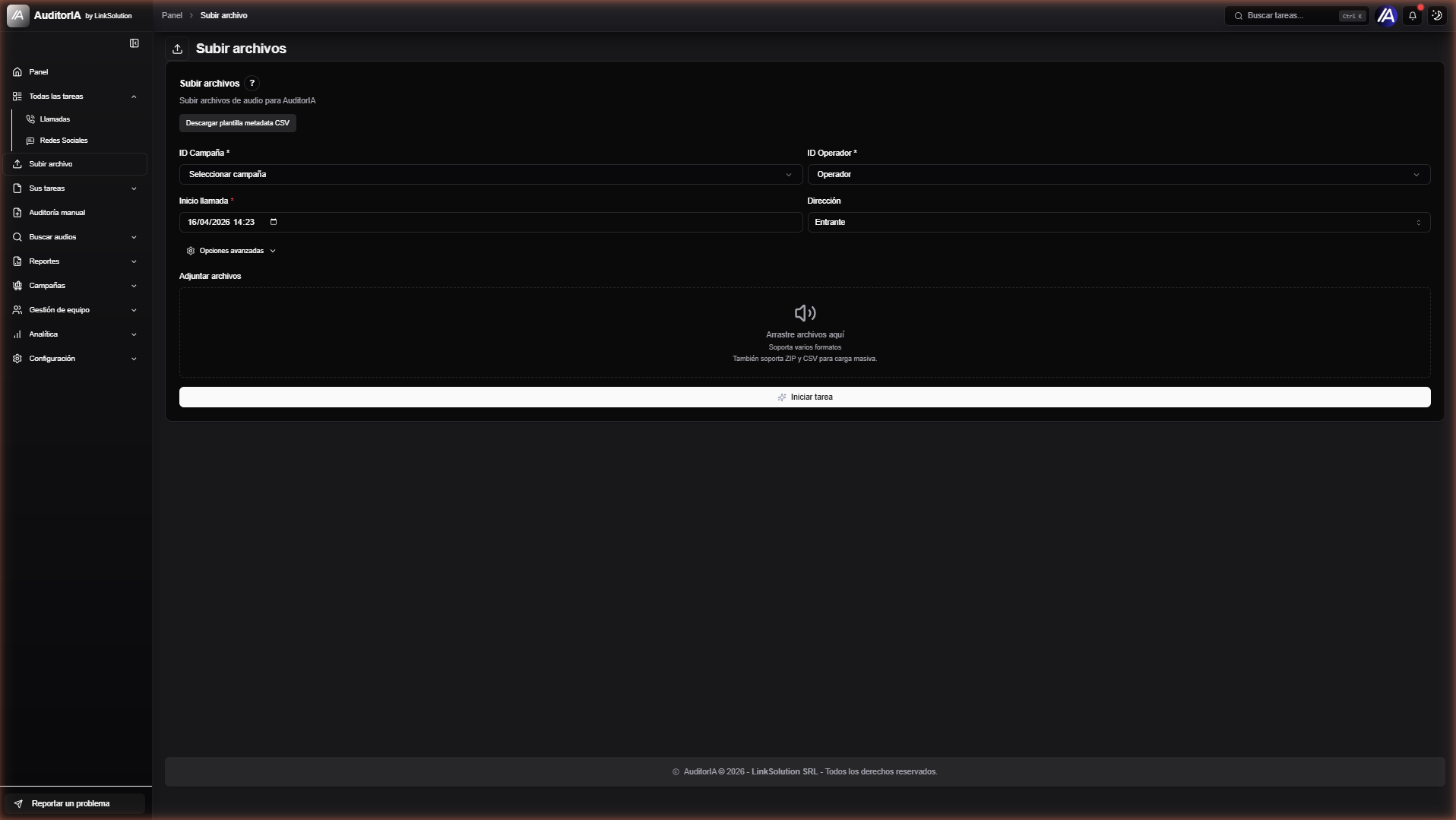 AuditorIA upload form with Campaign ID, Operator ID, Call start, Direction, and drag-and-drop area