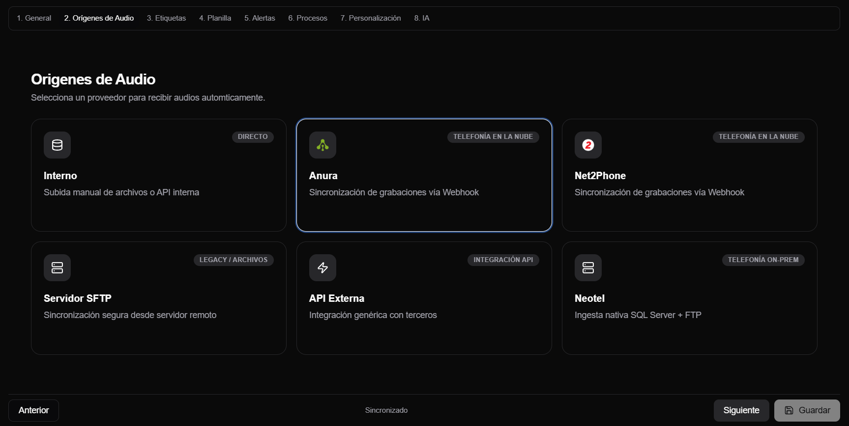 Aba Origens de Áudio com a Anura selecionada